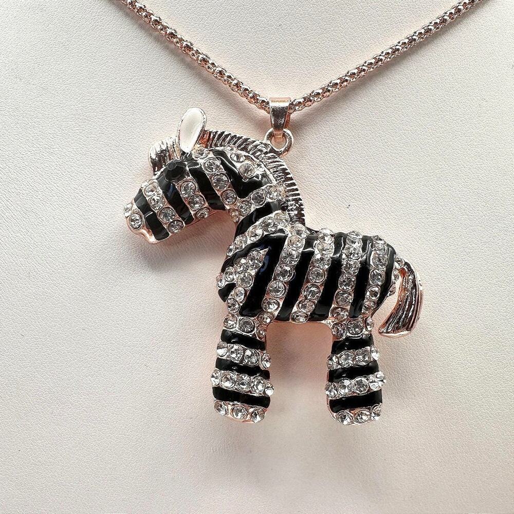 Vintage 90s Betsey Johnson Zebra Pendant Necklace Rose Gold Tone Fashion Jewelry